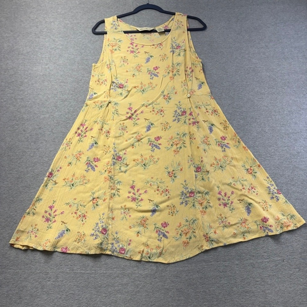 Vintage Eddie Bauer Dress Womens Large A-Line Yellow Floral Rayon Sleeveless